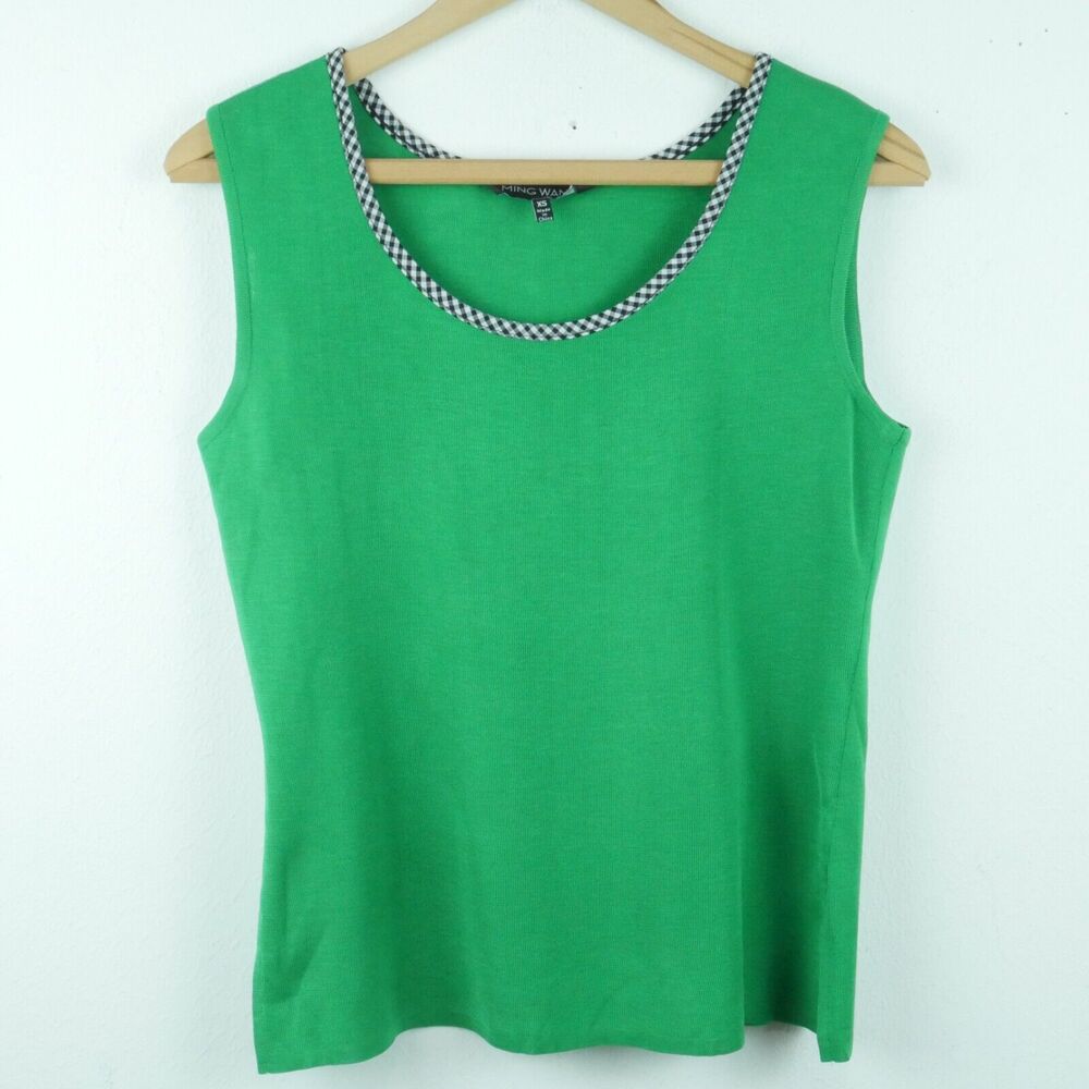 Ming Wang XS Top Sleeveless Shell Knit Kelly Green Gingham Office Career Spring